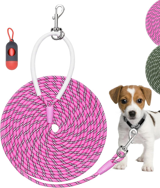 Lightweight Reflective Nylon Training Leash 30ft x 1/4in in Pink with Comfortable Silicone Handle for Dogs and Cats - Ideal for Outdoor Walking, Camping, and Backyard Use