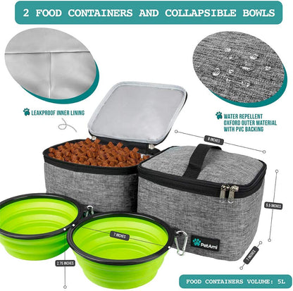 Professional Dog Travel Organizer Kit with Food Containers, Collapsible Bowls, and Luggage Sleeve - Gray, Large