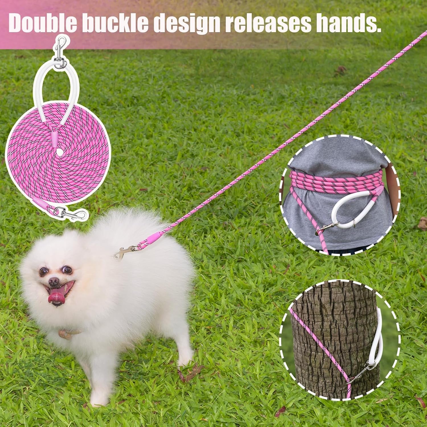 Lightweight Reflective Nylon Training Leash 30ft x 1/4in in Pink with Comfortable Silicone Handle for Dogs and Cats - Ideal for Outdoor Walking, Camping, and Backyard Use