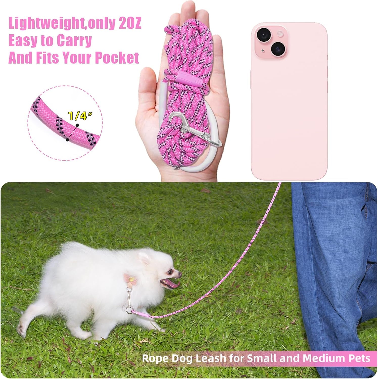 Lightweight Reflective Nylon Training Leash 30ft x 1/4in in Pink with Comfortable Silicone Handle for Dogs and Cats - Ideal for Outdoor Walking, Camping, and Backyard Use