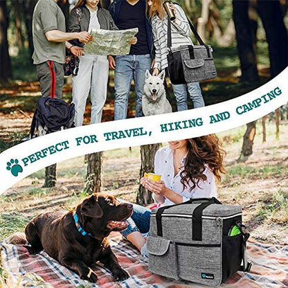 Professional Dog Travel Organizer Kit with Food Containers, Collapsible Bowls, and Luggage Sleeve - Gray, Large