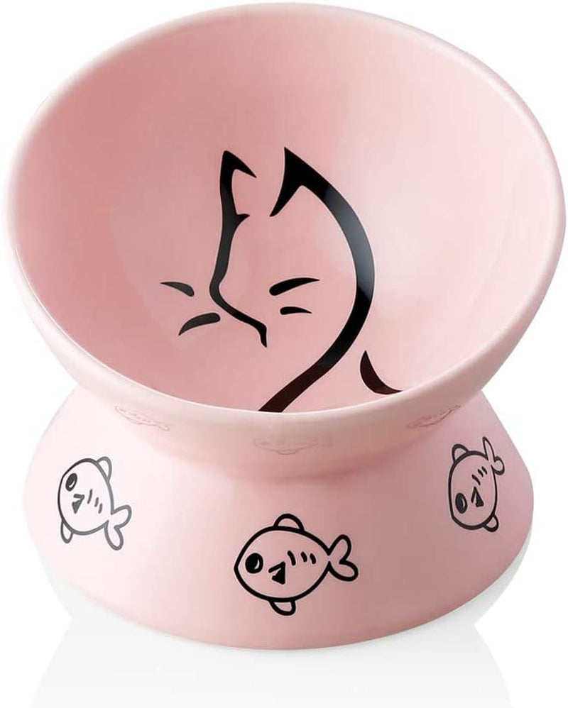 Sweejar Elevated Ceramic Cat Bowls - Slanted Porcelain Dish for Food and Water, Designed to Protect Cat's Spine and Prevent Backflow (Pink)