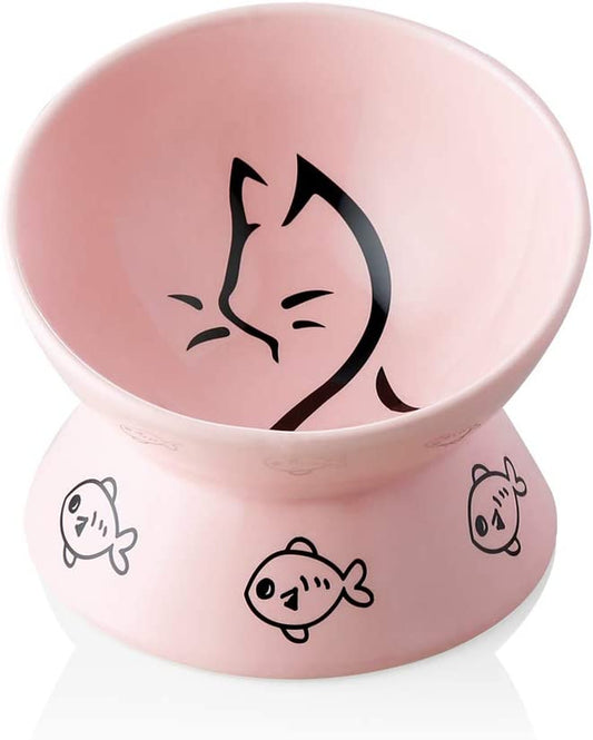 Sweejar Elevated Ceramic Cat Bowls - Slanted Porcelain Dish for Food and Water, Designed to Protect Cat's Spine and Prevent Backflow (Pink)