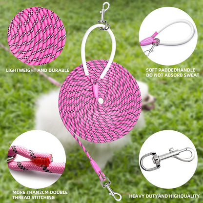 Lightweight Reflective Nylon Training Leash 30ft x 1/4in in Pink with Comfortable Silicone Handle for Dogs and Cats - Ideal for Outdoor Walking, Camping, and Backyard Use