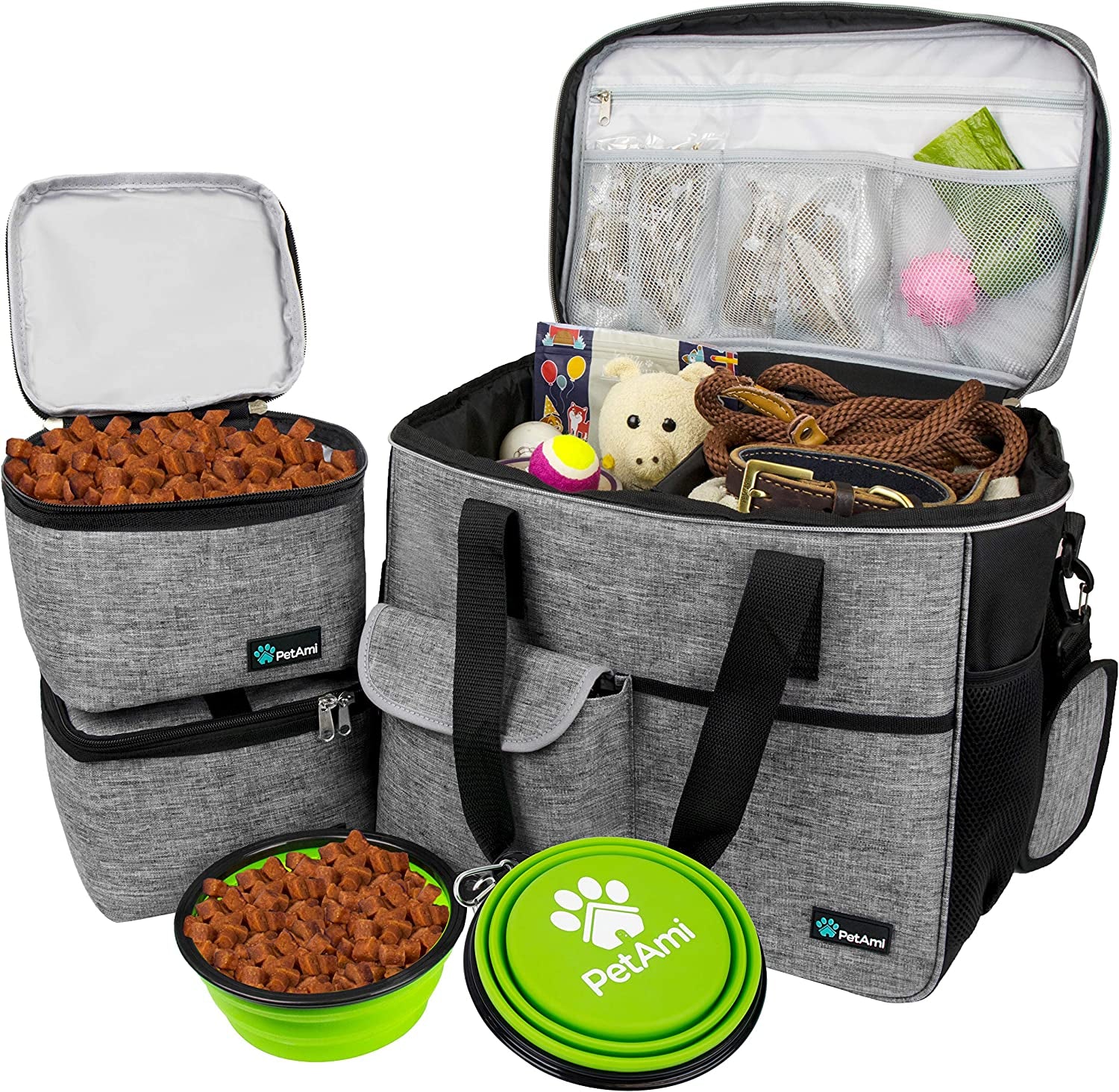 Professional Dog Travel Organizer Kit with Food Containers, Collapsible Bowls, and Luggage Sleeve - Gray, Large