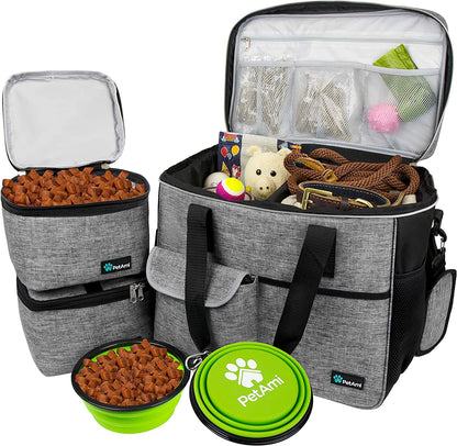 Professional Dog Travel Organizer Kit with Food Containers, Collapsible Bowls, and Luggage Sleeve - Gray, Large