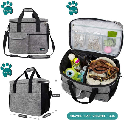 Professional Dog Travel Organizer Kit with Food Containers, Collapsible Bowls, and Luggage Sleeve - Gray, Large