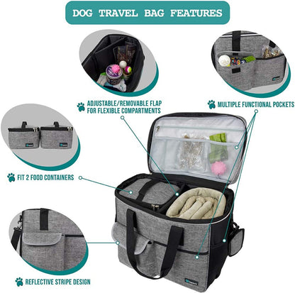 Professional Dog Travel Organizer Kit with Food Containers, Collapsible Bowls, and Luggage Sleeve - Gray, Large