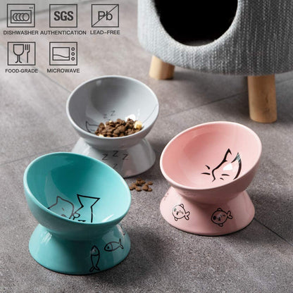 Sweejar Elevated Ceramic Cat Bowls - Slanted Porcelain Dish for Food and Water, Designed to Protect Cat's Spine and Prevent Backflow (Pink)
