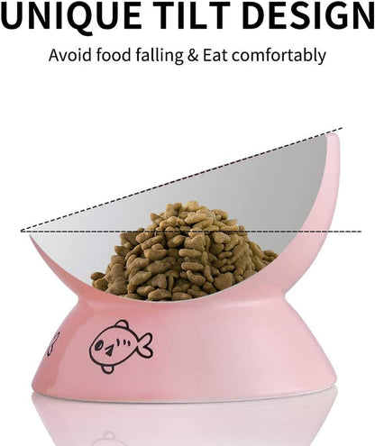 Sweejar Elevated Ceramic Cat Bowls - Slanted Porcelain Dish for Food and Water, Designed to Protect Cat's Spine and Prevent Backflow (Pink)