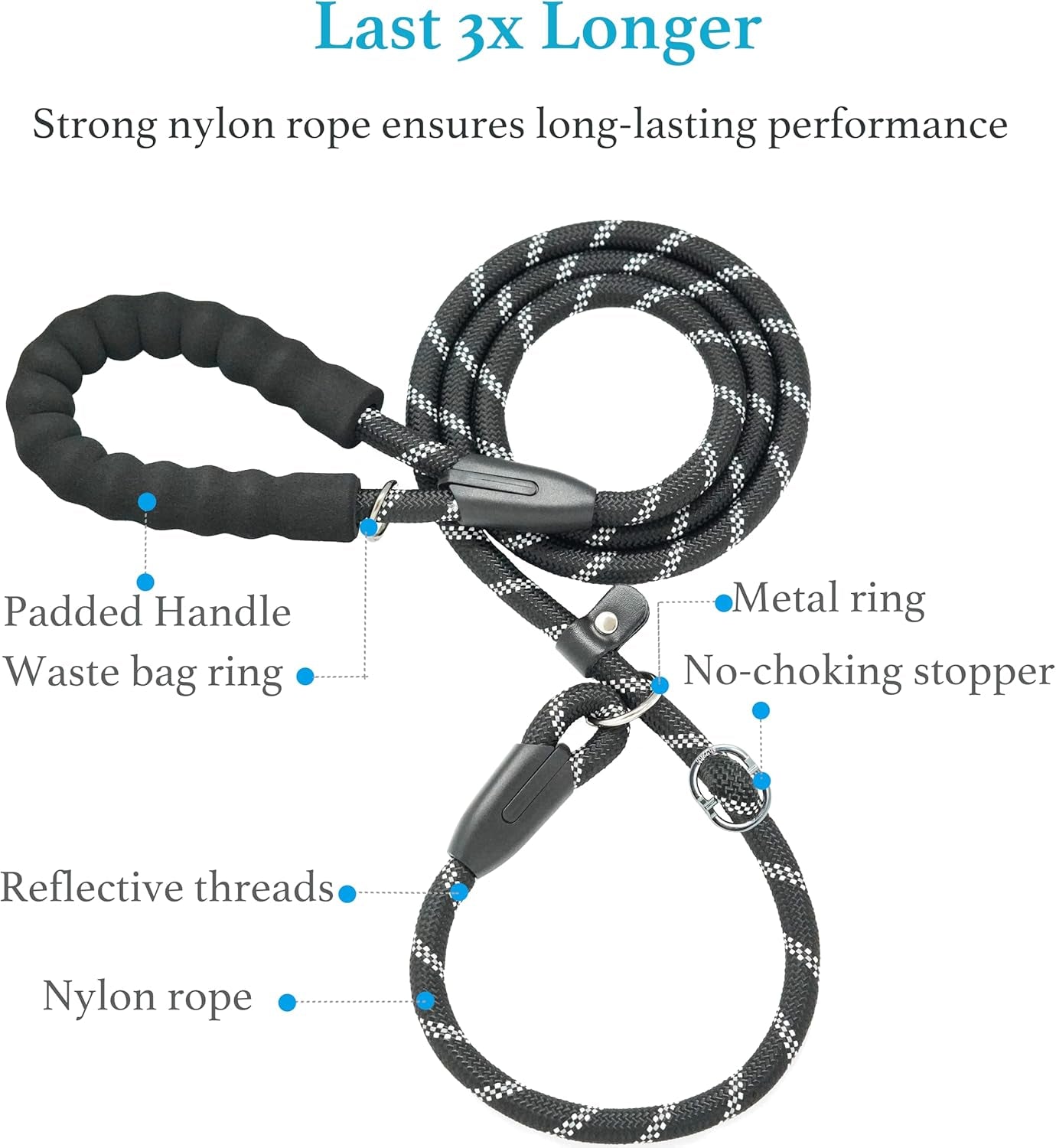 Durable Slip Lead Dog Leash with Padded Handle and Reflective Threads, No-Pull Training Leash, 1/2" x 6 FT, Black