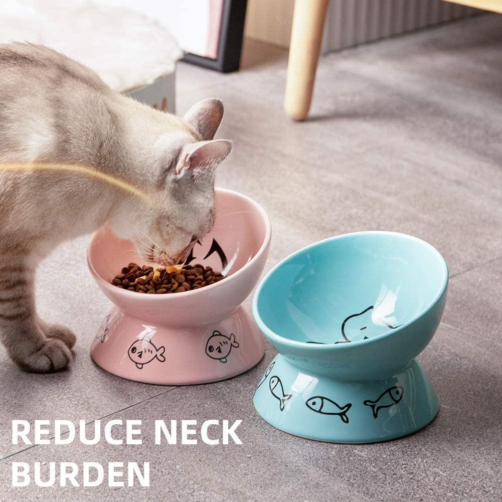 Sweejar Elevated Ceramic Cat Bowls - Slanted Porcelain Dish for Food and Water, Designed to Protect Cat's Spine and Prevent Backflow (Pink)