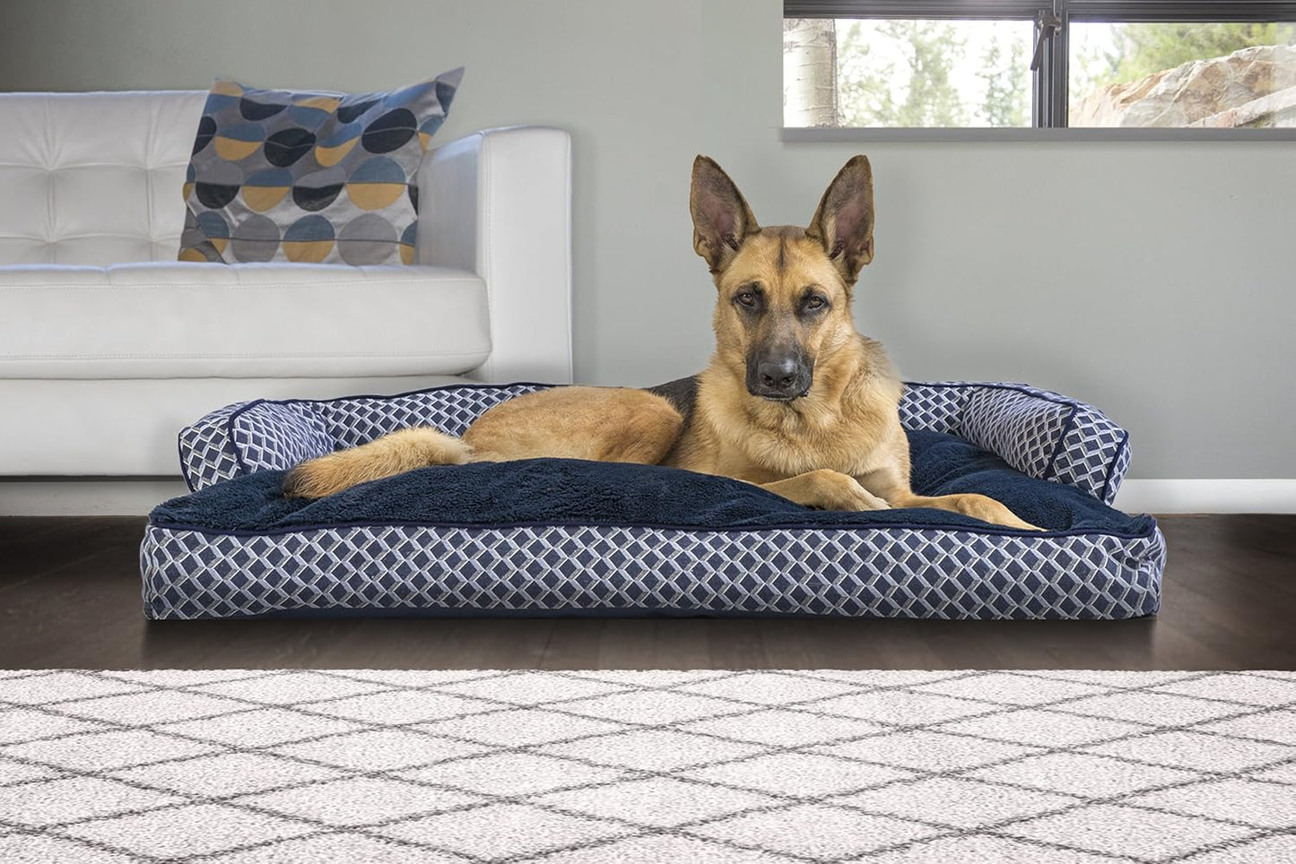 Large Dog Pillow Bed with Removable Bolsters and Washable Cover - Plush Woven Couch Sofa in Diamond Blue, Jumbo/XL