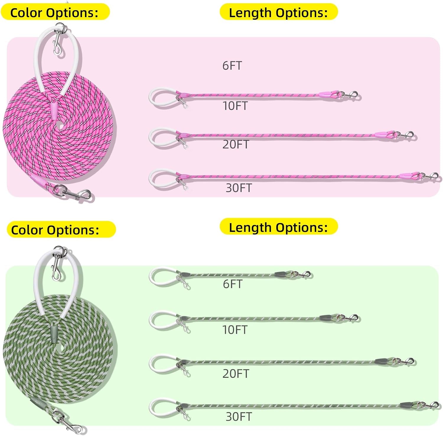 Lightweight Reflective Nylon Training Leash 30ft x 1/4in in Pink with Comfortable Silicone Handle for Dogs and Cats - Ideal for Outdoor Walking, Camping, and Backyard Use