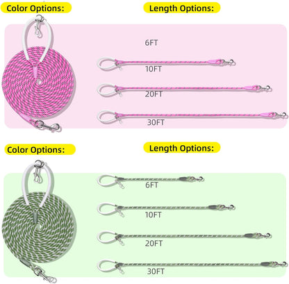 Lightweight Reflective Nylon Training Leash 30ft x 1/4in in Pink with Comfortable Silicone Handle for Dogs and Cats - Ideal for Outdoor Walking, Camping, and Backyard Use